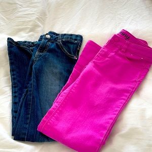 Gymboree blue jeans and magenta jeans.